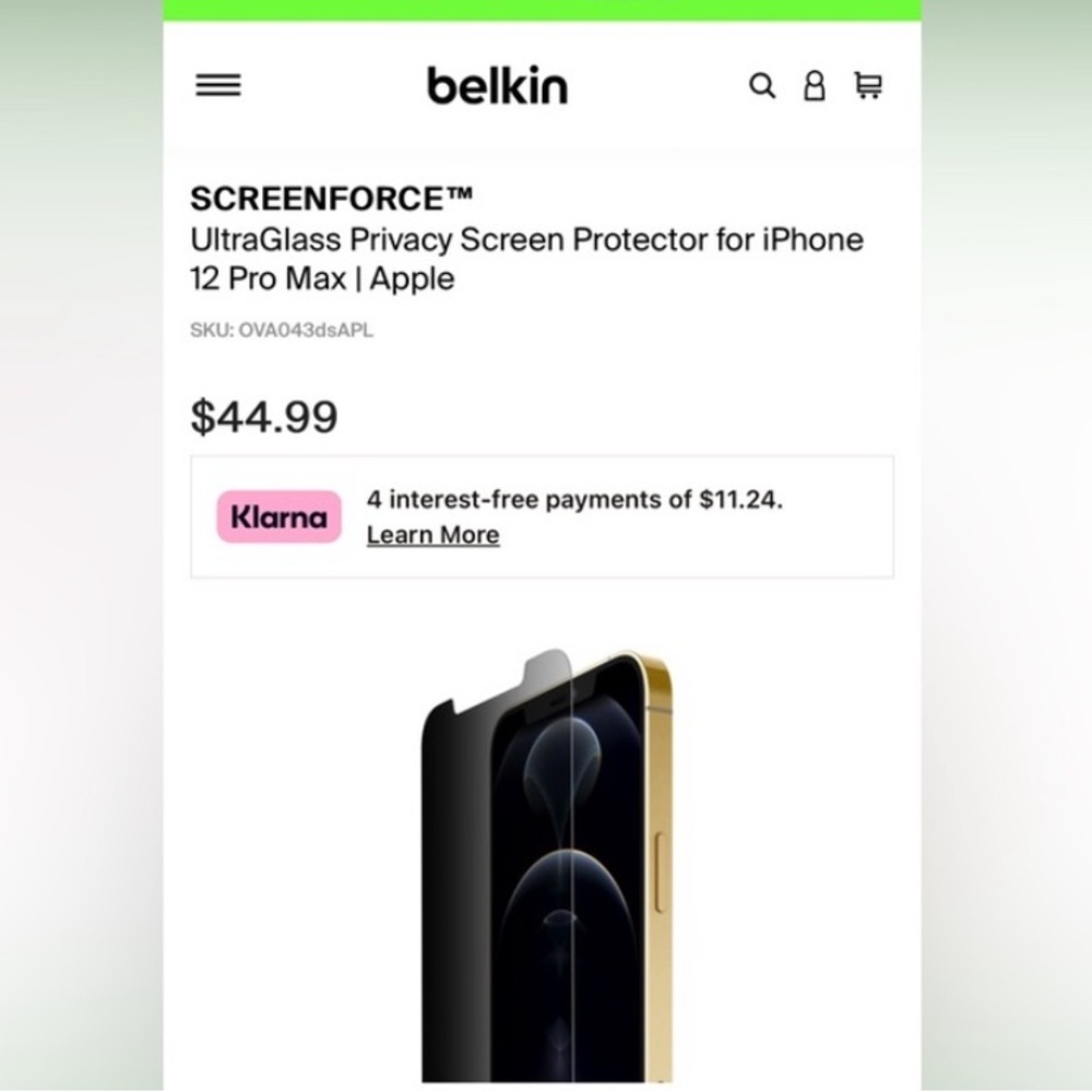 Belkin iPhone 12 Pro Max ultra-glass privacy screen protector brand new